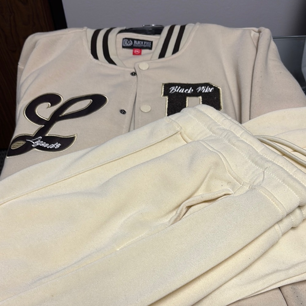 Black Pyramid Cream Varsity Jacket and Joggers Set